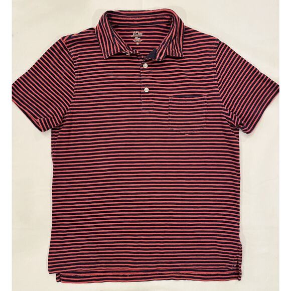 Men’s J Crew Navy & Orange Striped Polo Shirt Size Medium - Picture 1 of 4